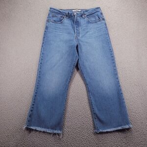 LEVIS Jean Size 31 Ribcage Crop Boot Frayed Hem Premium Medium Wash Denim